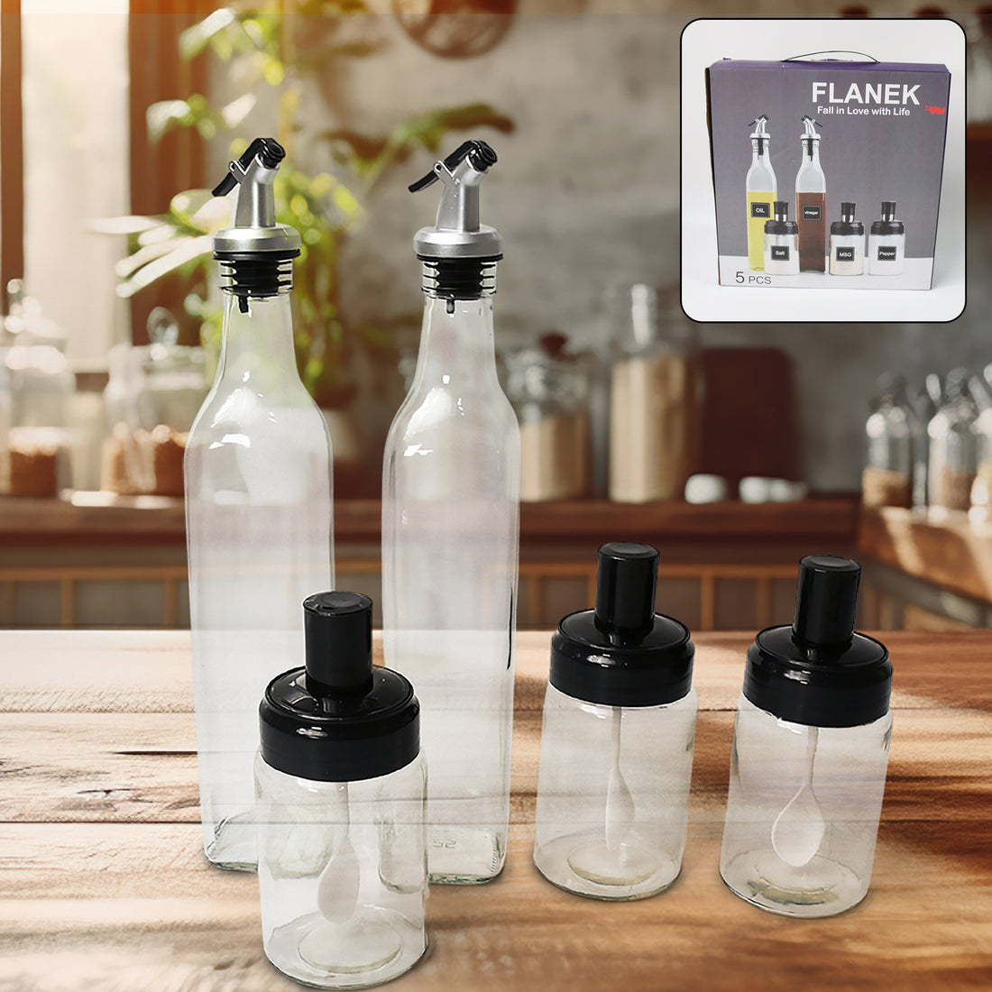 Glass oil dispenser and spice jar set, 5 pieces