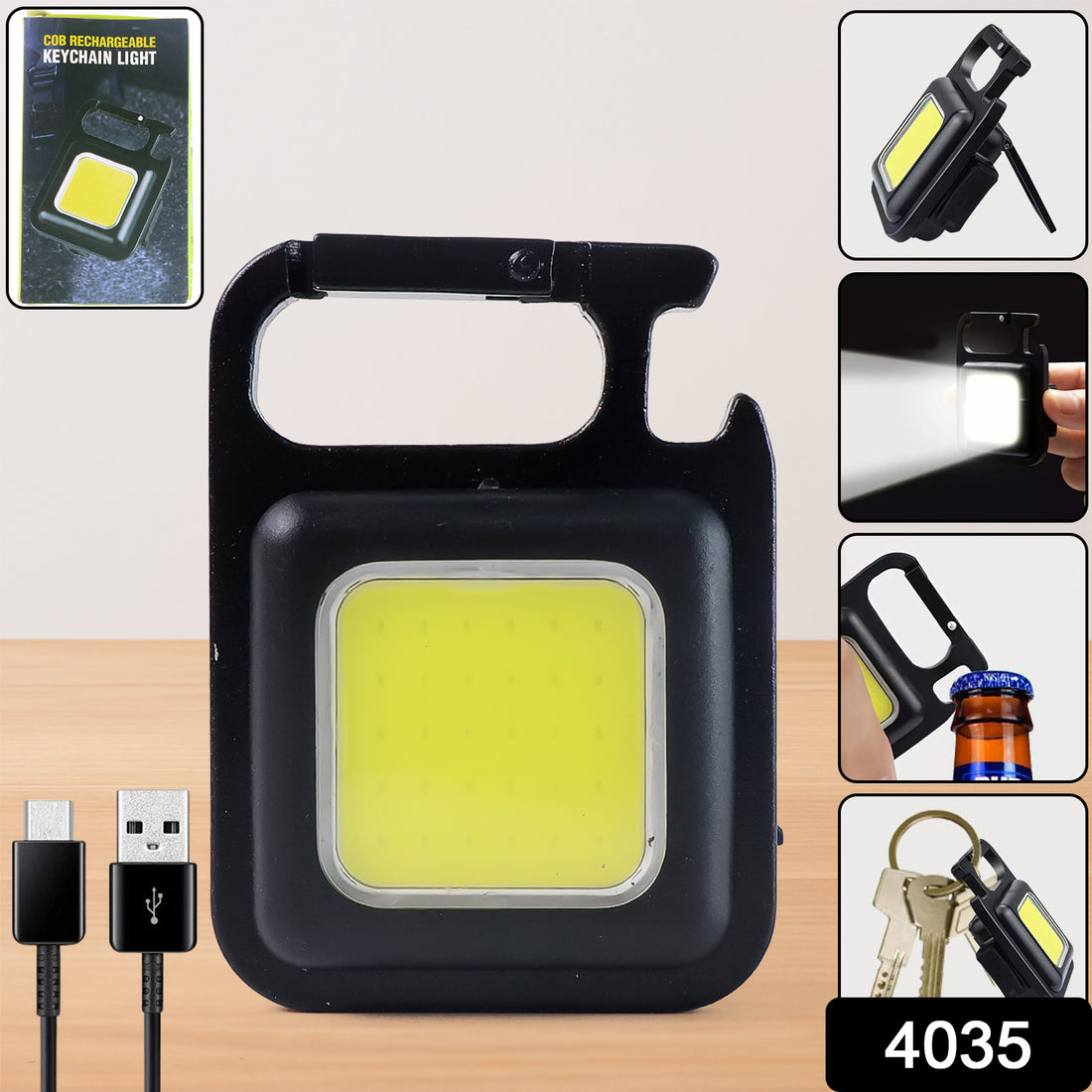 Rechargeable keychain flashlight with 4 light modes and bottle opener