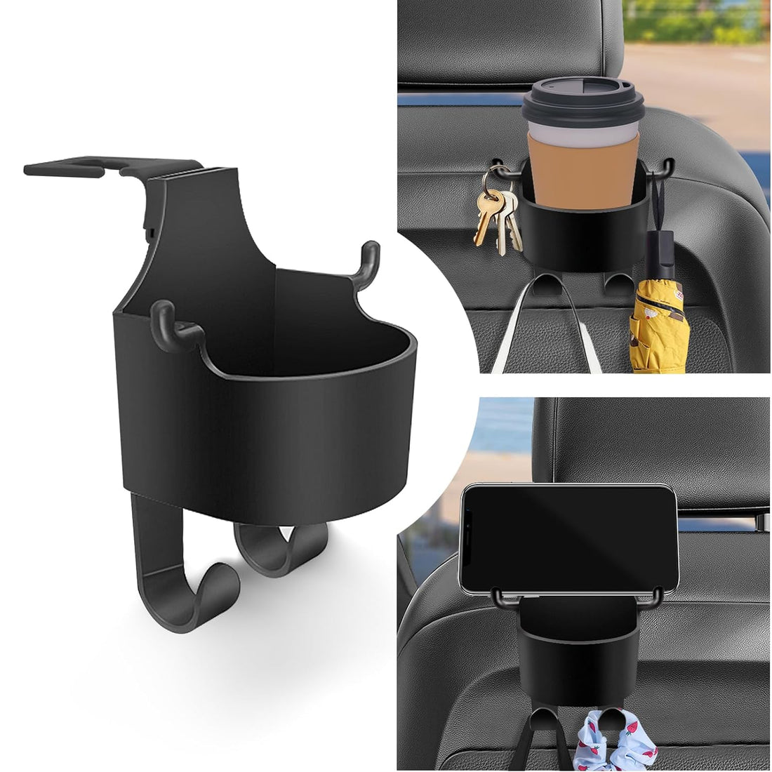 3-in-1 car headrest organizer with phone mount and cup holder