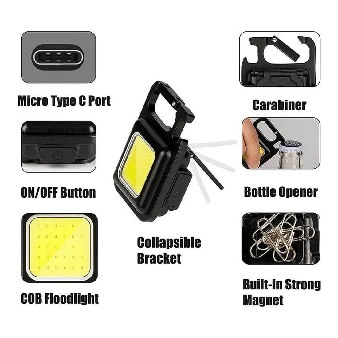 Rechargeable keychain flashlight with 4 light modes and bottle opener